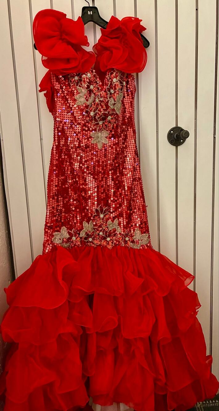 Vintage Custom Striking red dress features eye-catching sequin embellishments
